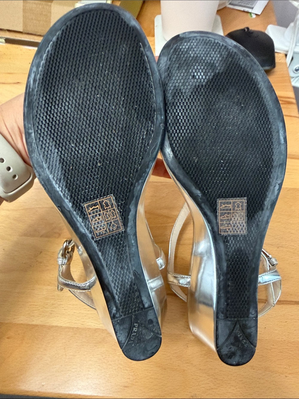 Prada Metallic Silver T-Strap Logo Sandals - Picture 10 of 15